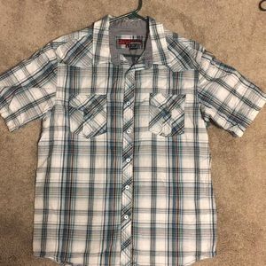 Plaid distortion bottom down shirt